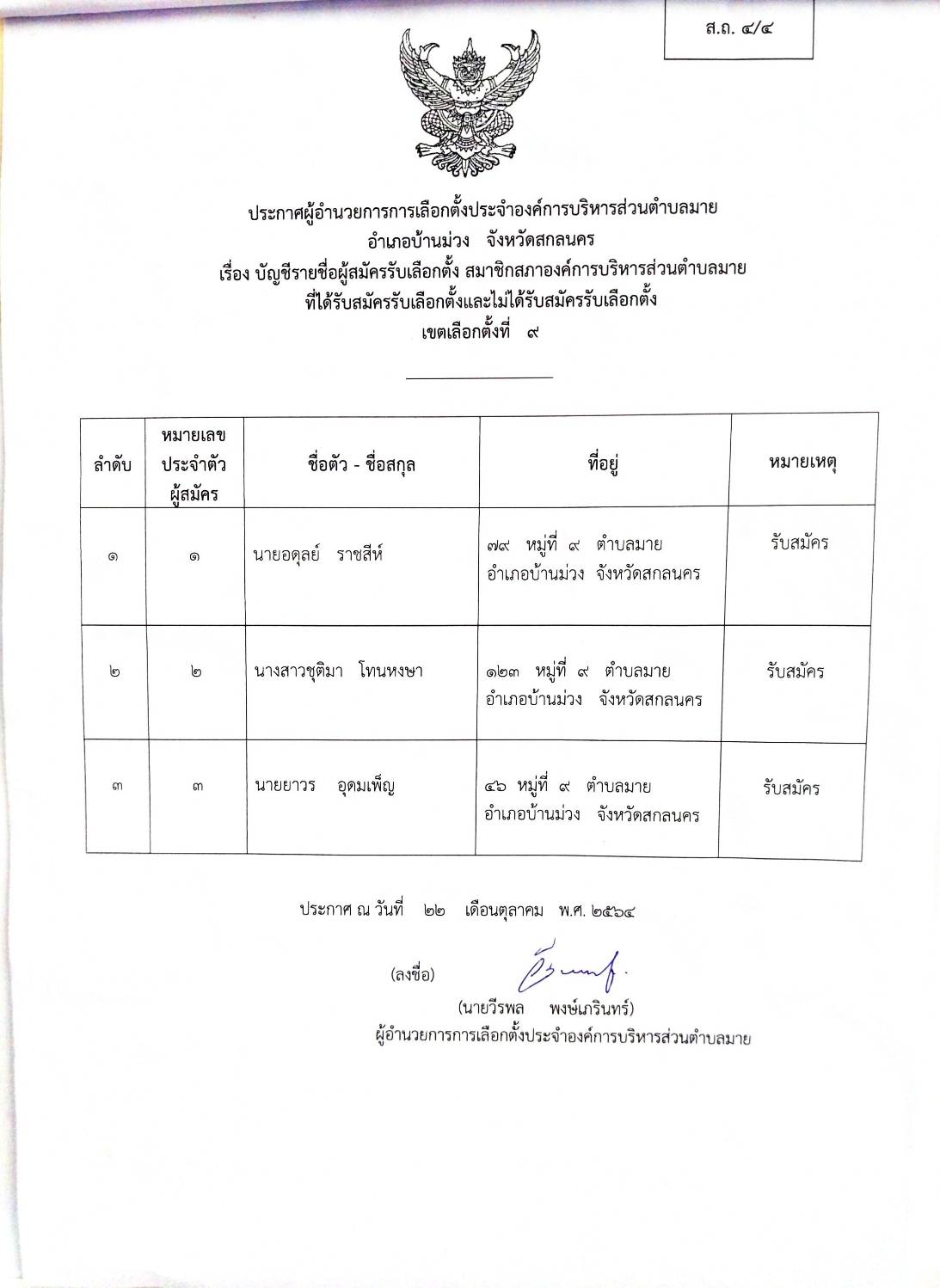 ประกาศผู้อำนวยการการเลือกตั้งประจำองค์การบริหารส่วนตำบลมาย 
เรื่อง บัญชีรายชื่อผู้สมัครรับเลือกตั้ง สมาชิกสภาองค์การบริหารส่วนตำบลมายที่ได้รับเลือกตั้งและไม่ได้รับสมัครรับเลือกตั้ง  เขตเลือกตั้งที่  9